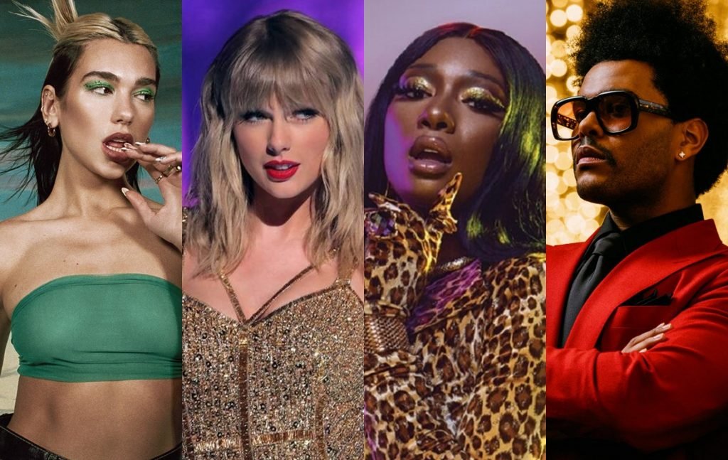 Dua Lipa, Taylor Swift, Meghan Thee Stallion e The Weeknd (Foto/Montagem: Estrela Latina)