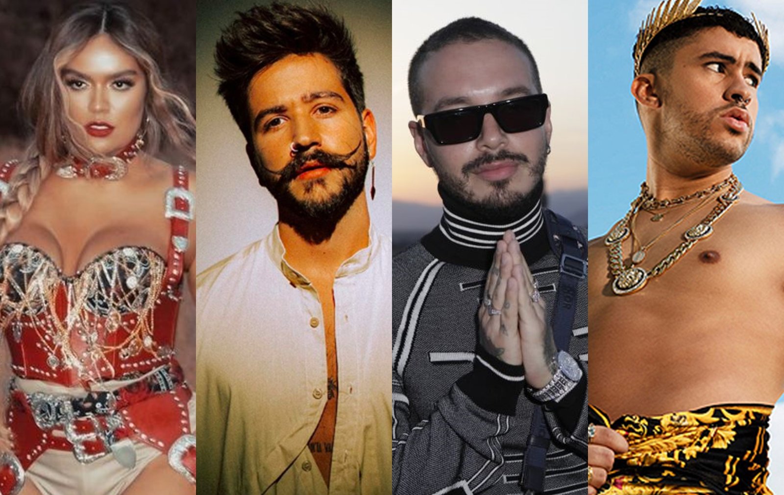 Karol G, Camilo, J Balvin e Bad Bunny (Reprodução/Montagem Estrela Latina)